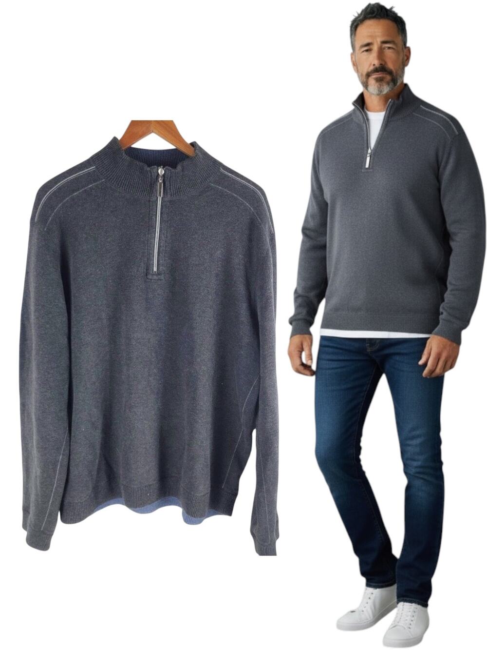 Tommy Bahama 1/4 Zip Reversible Sweater Gray Blue Long Sleeve Size XL